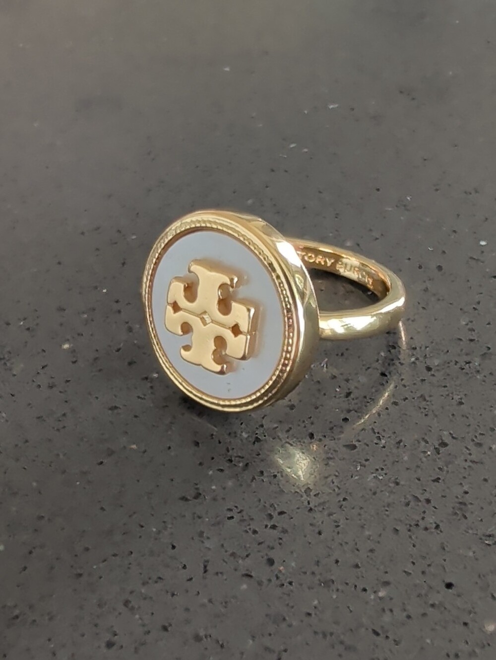Tory Burch Gold Logo Ring with White Enamel NWOT Size 7 - W79